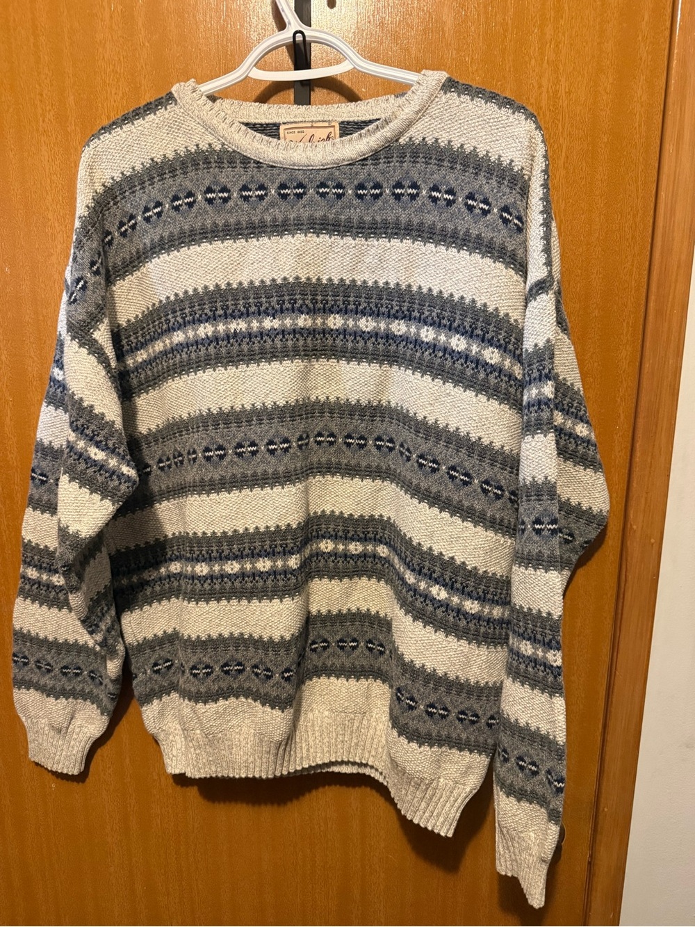 Woolrich Cream, Gray & Blue Striped Crewneck Sweater